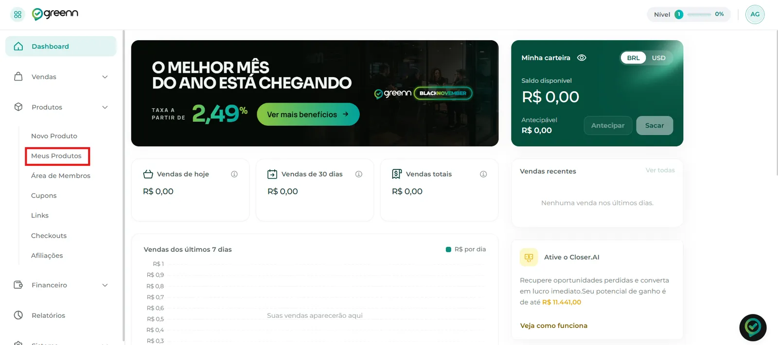 Menu Produtos com a aba Meus Produtos