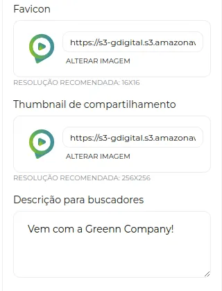 Tela do passo: Agora defina o Favicon, Thumbnail e sua Descrição