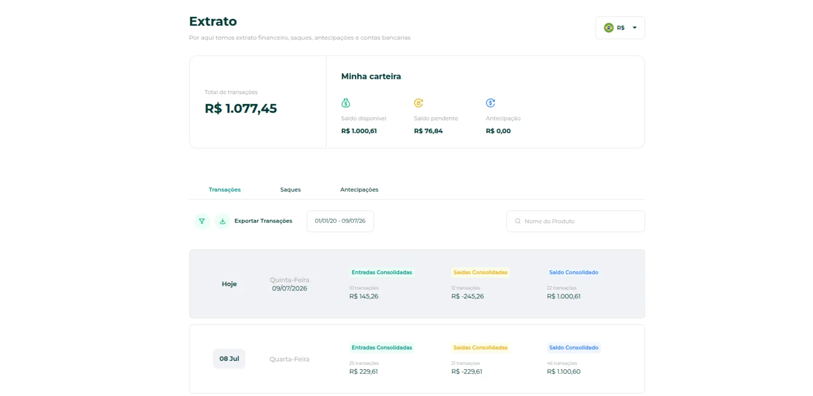 Tela do Extrato com as movimentações por dia