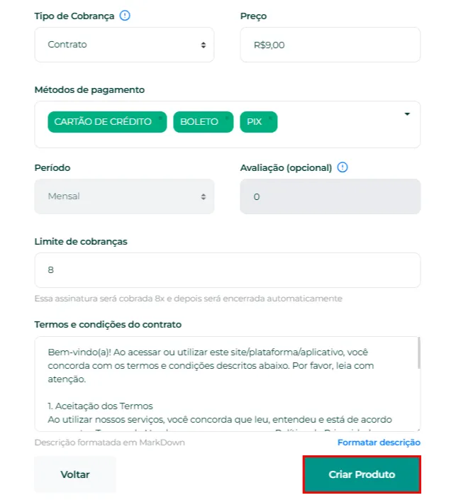Botão Criar Produto no fim do cadastro