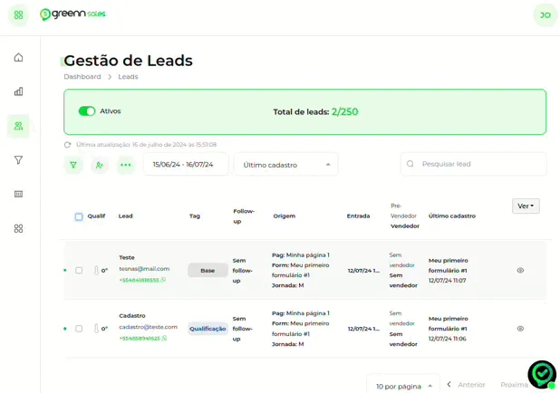 Tela do passo: Selecione os Leads, clique em Ações e Adicionar/Remover Tags