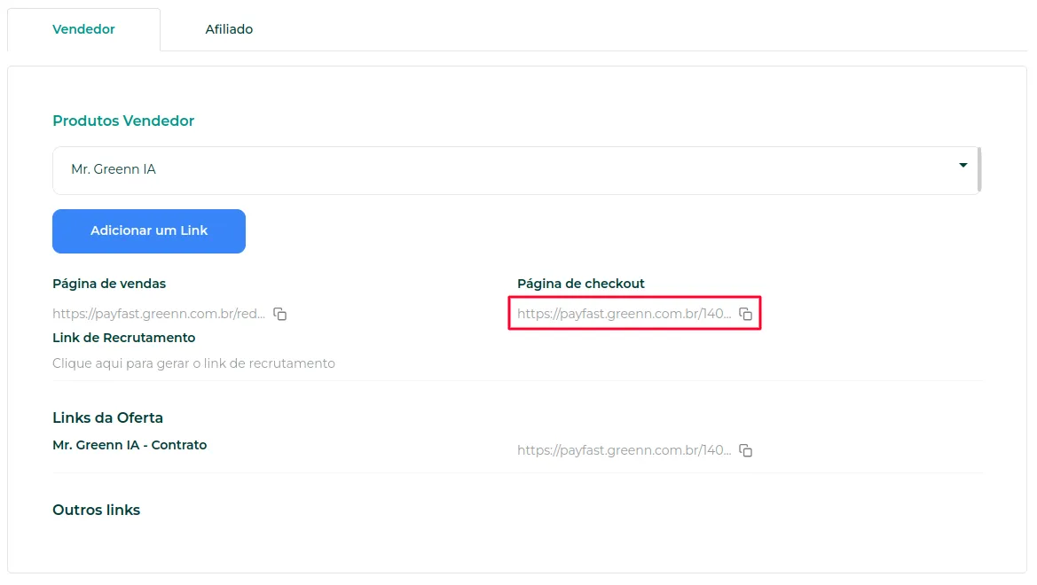 Link do checkout com o botão de copiar