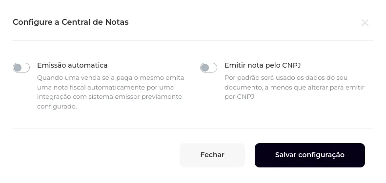 Opções Emissão automática e Emitir nota pelo CNPJ