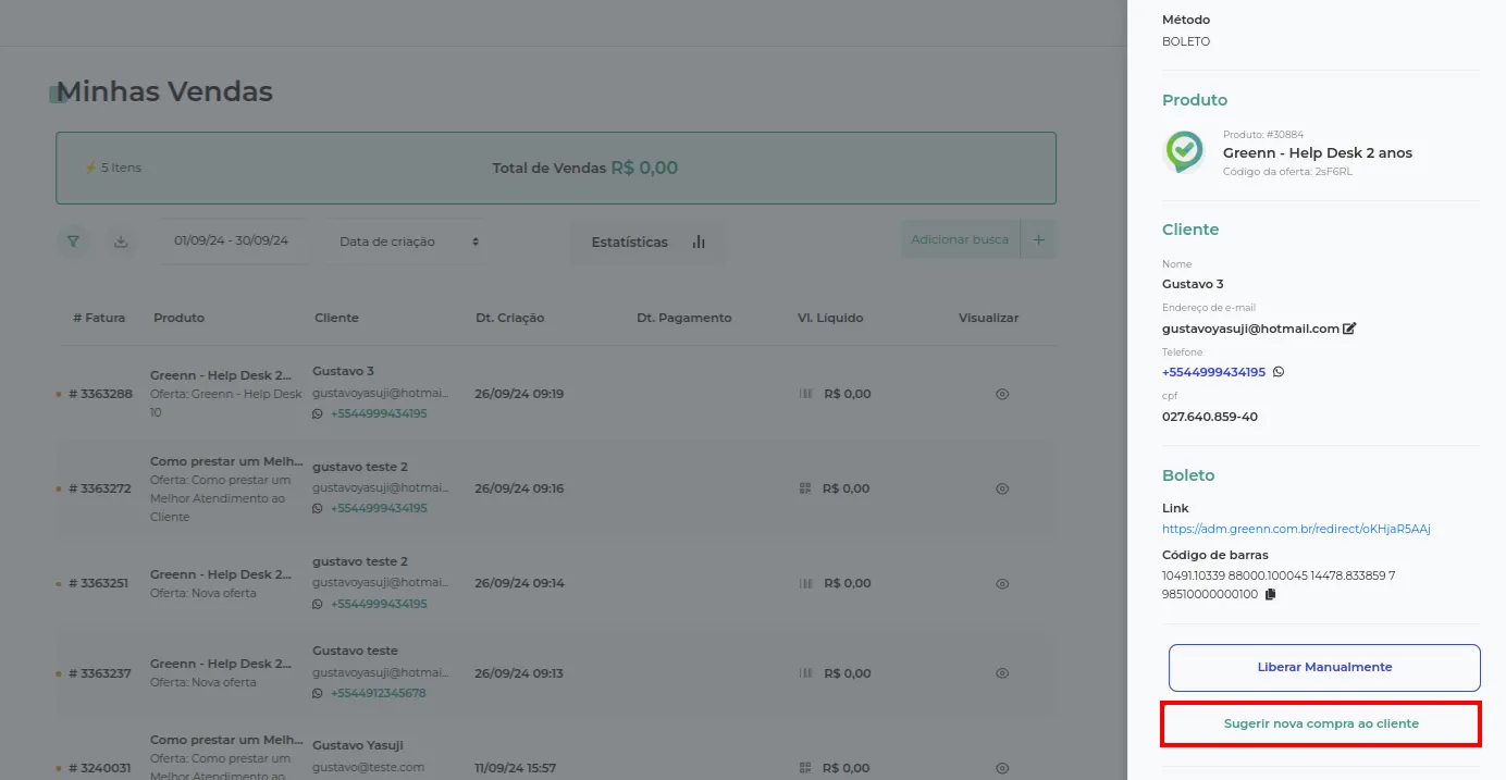 Opção Sugerir Nova Compra ao Cliente