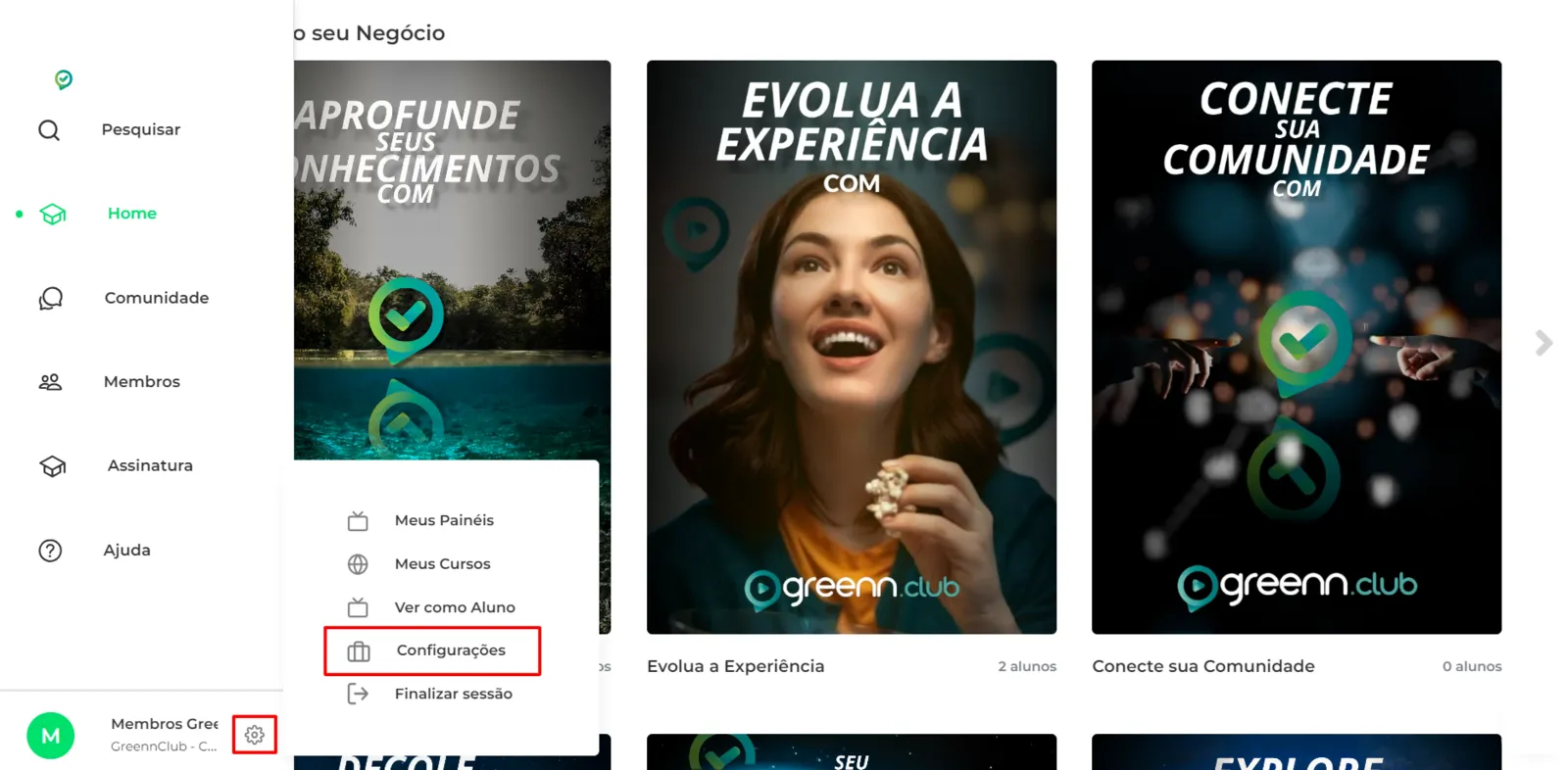 Menu com Configurações