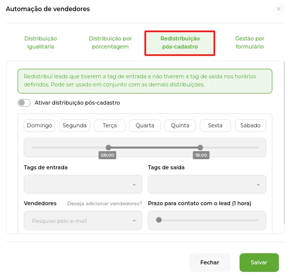 Opção Redistribuição por cadastro