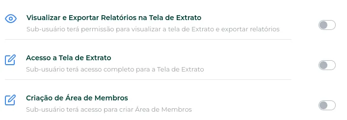 Lista de permissões disponíveis para sub-usuários, parte 8