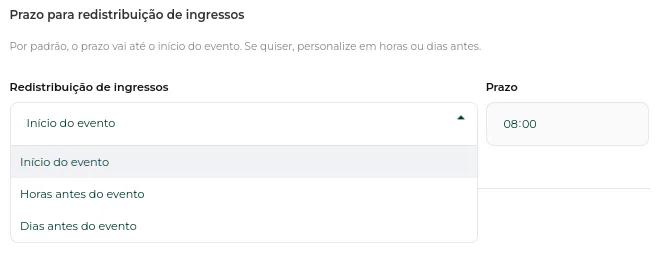 Campo de prazo para redistribuição de ingressos