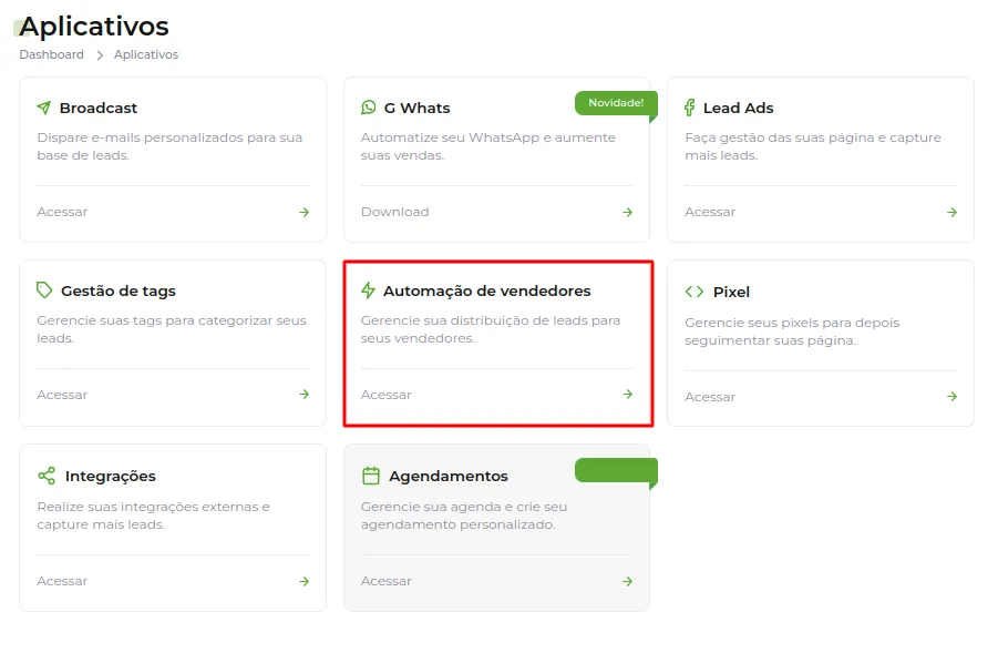 Tela da Greenn Sales: Acesse Automação de Vendedores