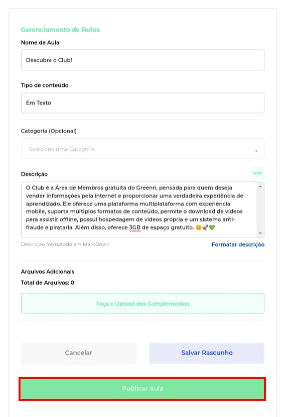 Botão Publicar a Aula