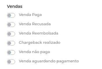 Lista de eventos de venda disponíveis ao criar uma integração