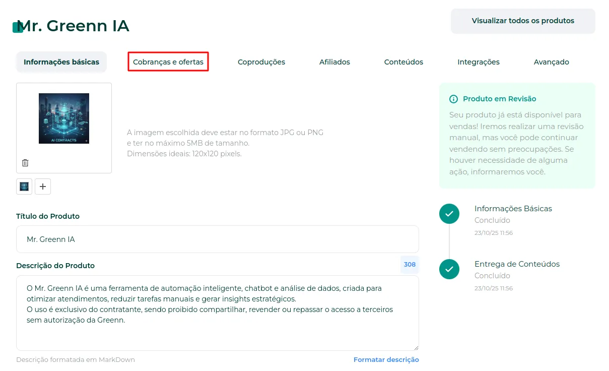 Aba Cobranças e Ofertas do produto