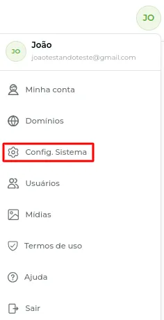 Tela do passo: Clique no Menu direito e logo após em Config. Sistema