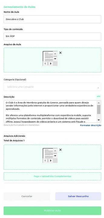Campo Categoria da aula