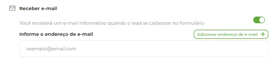 Tela do passo: Receber E-mail: Você receberá um e-mail informativo quando o lead se cadastrar no formulário