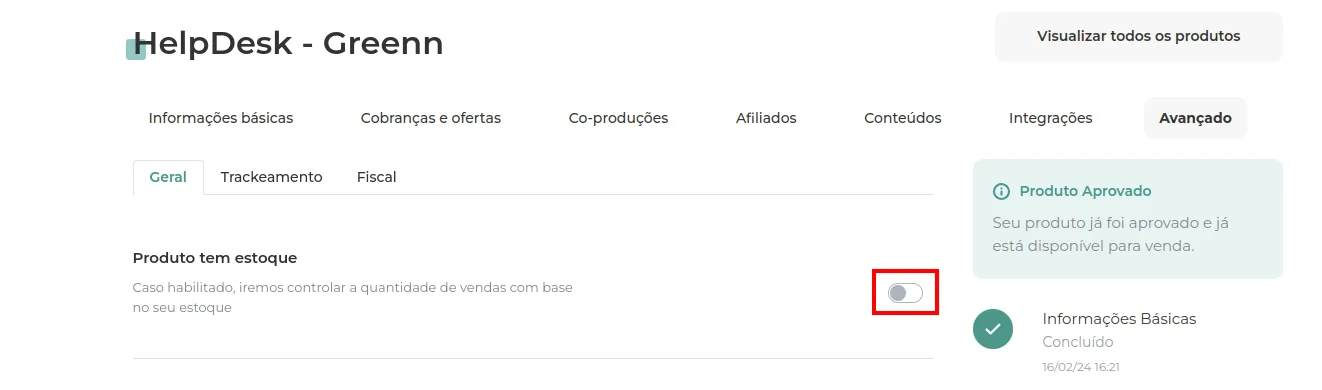 Opção Produto tem estoque ativada
