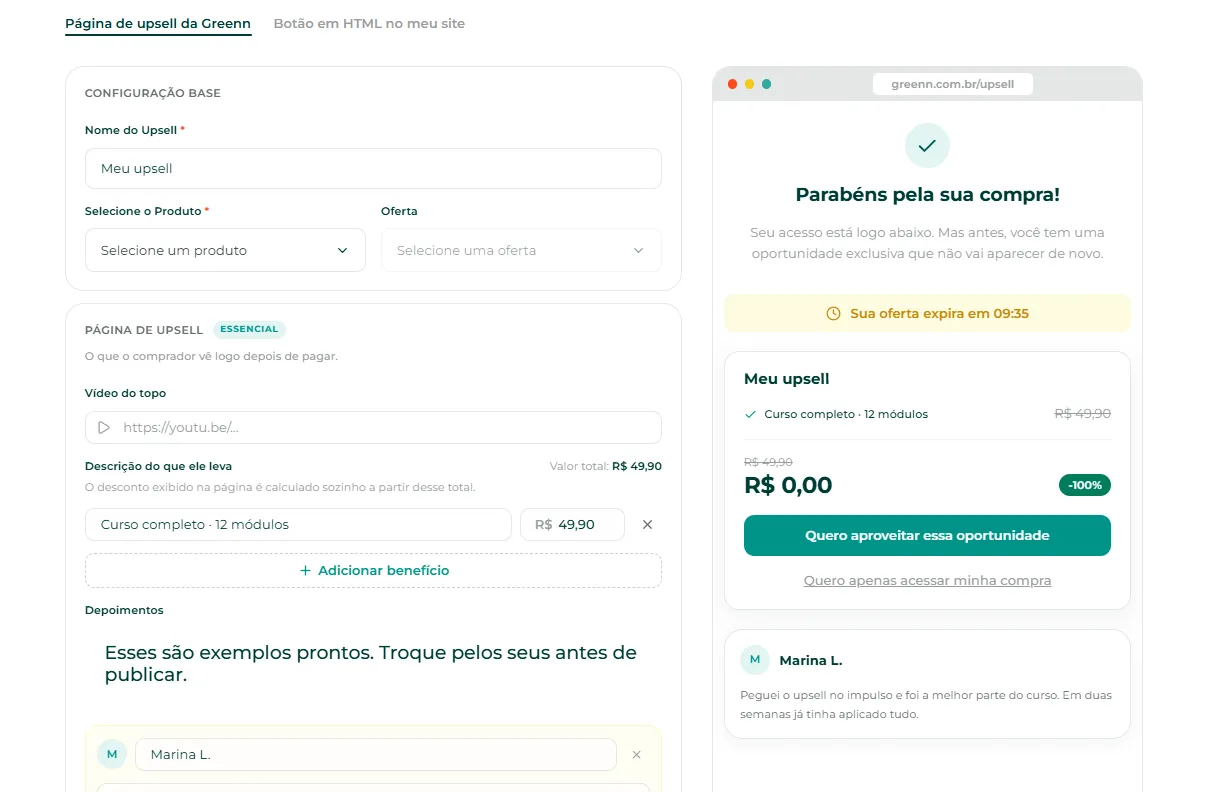 Editor da página de upsell com a pré-visualização à direita