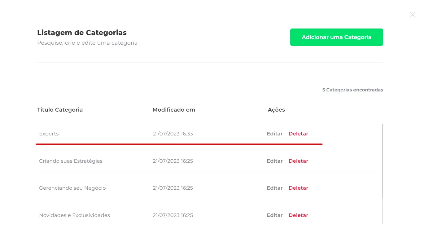Categoria criada na lista