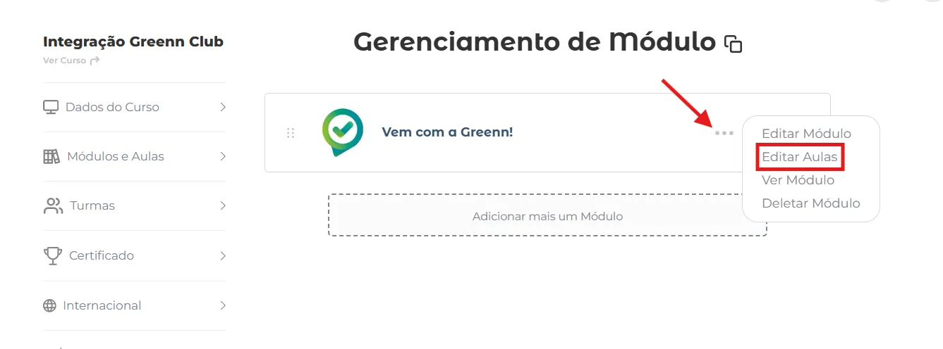 Menu de três pontos do módulo com editar aulas