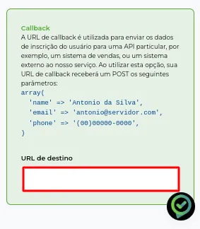 Tela da Greenn Sales: Agora na opção de Call Back você vai colocar o seu link Webhook