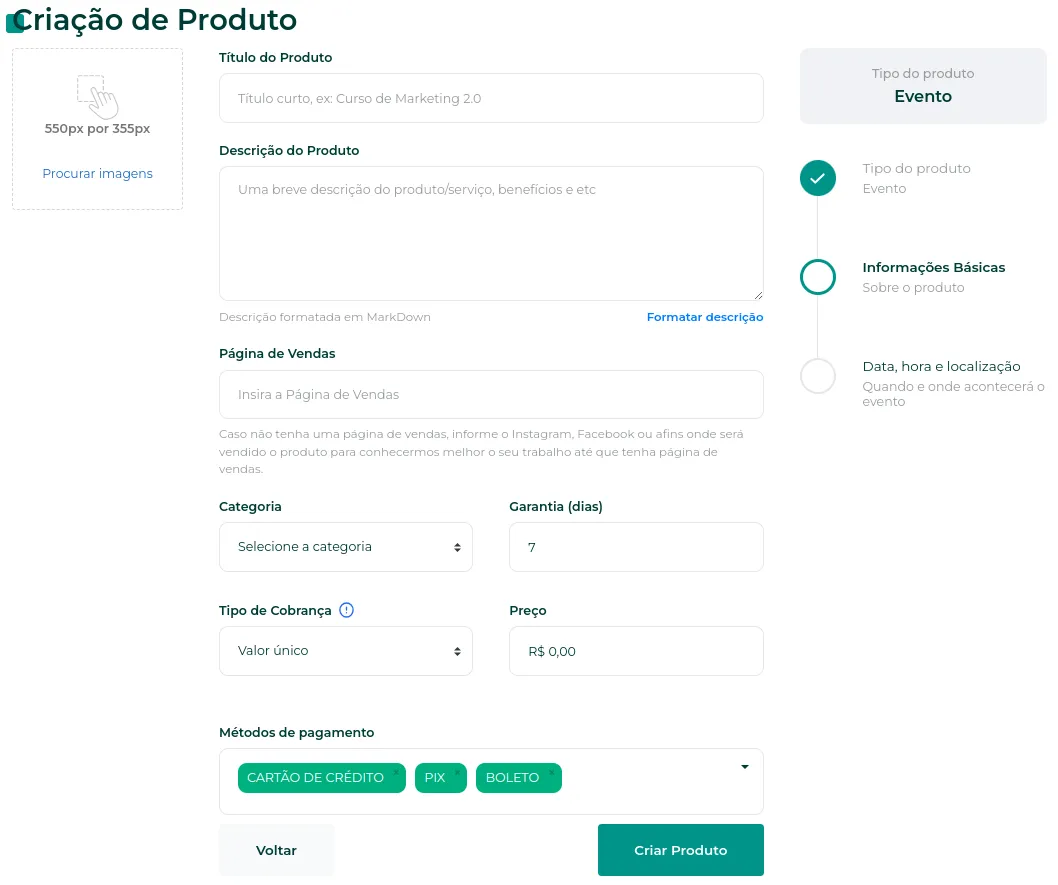 Formulário de criação do produto de evento