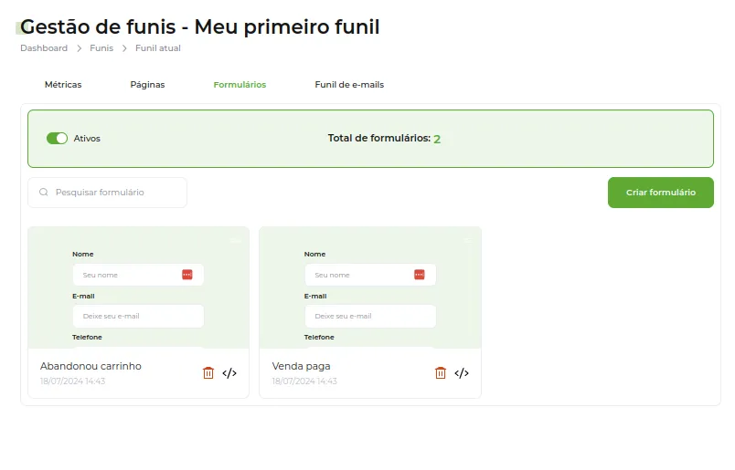 Tela da Greenn Sales: Aqui alguns Exemplos