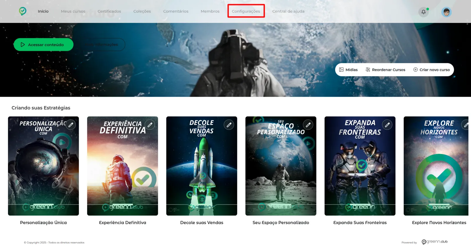 Menu do painel com a opção Configurações