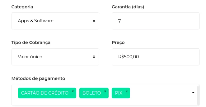 Produto com categoria e preço configurados