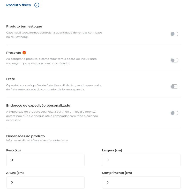 Tela de configurações do produto físico