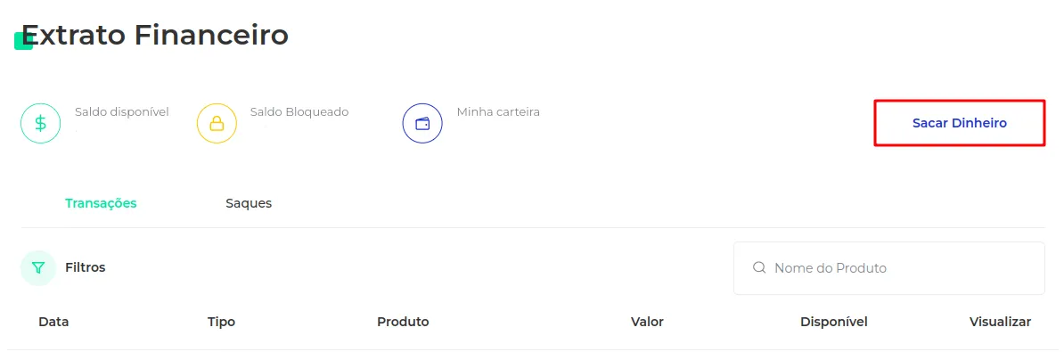 Botão Sacar Dinheiro no canto superior direito do Extrato