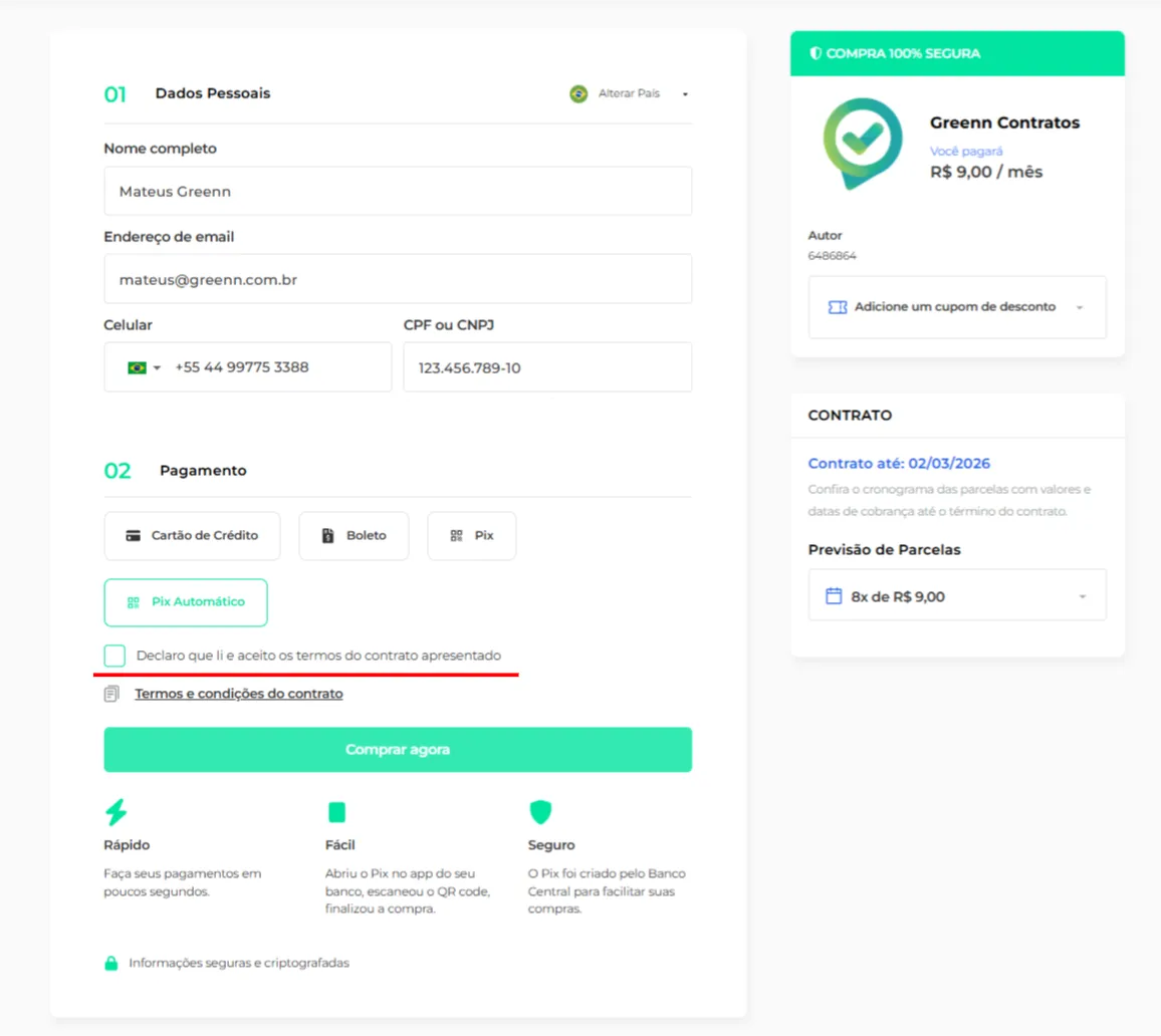 Checkout com os dados preenchidos e o Pix Automático selecionado