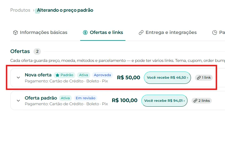 Oferta marcada como padrão na lista