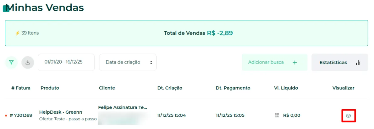 Lista de vendas com o ícone do olho