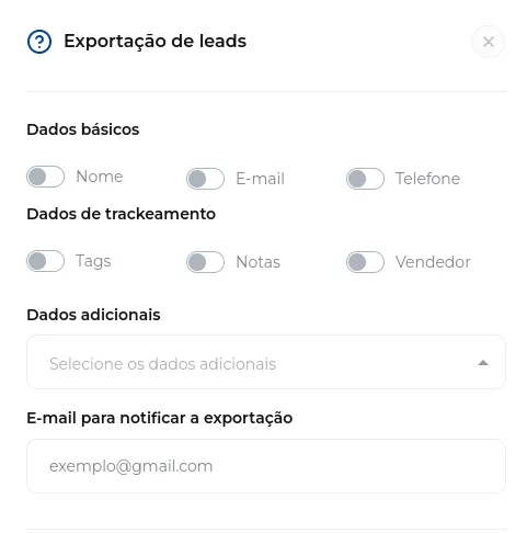 Tela do passo: Agora você poderá selecionar os seguintes dados para envio de exportação