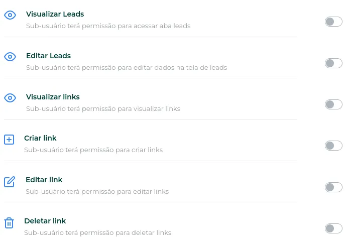 Lista de permissões disponíveis para sub-usuários, parte 5
