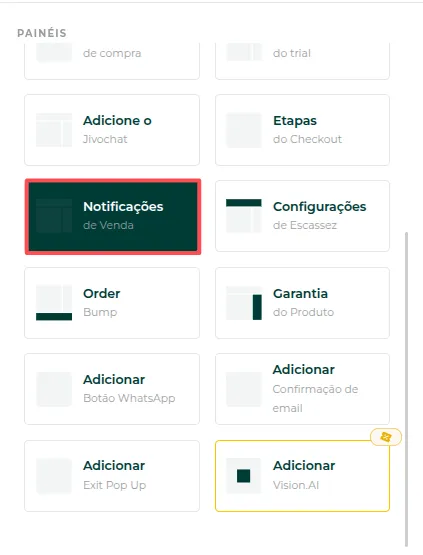 Opções de notificações de vendas