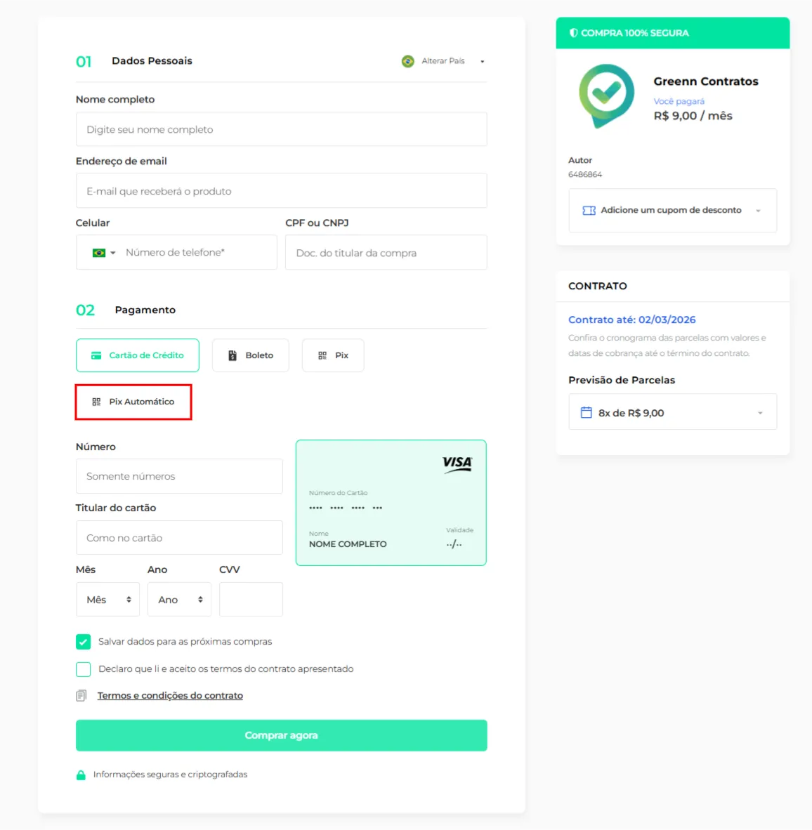 Checkout com a opção Pix Automático