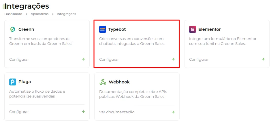 Tela da Greenn Sales: Agora clique em Typebot