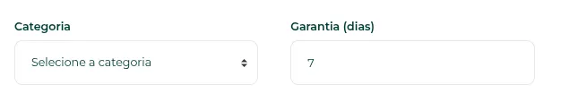 Campos de categoria, garantia e preço do produto