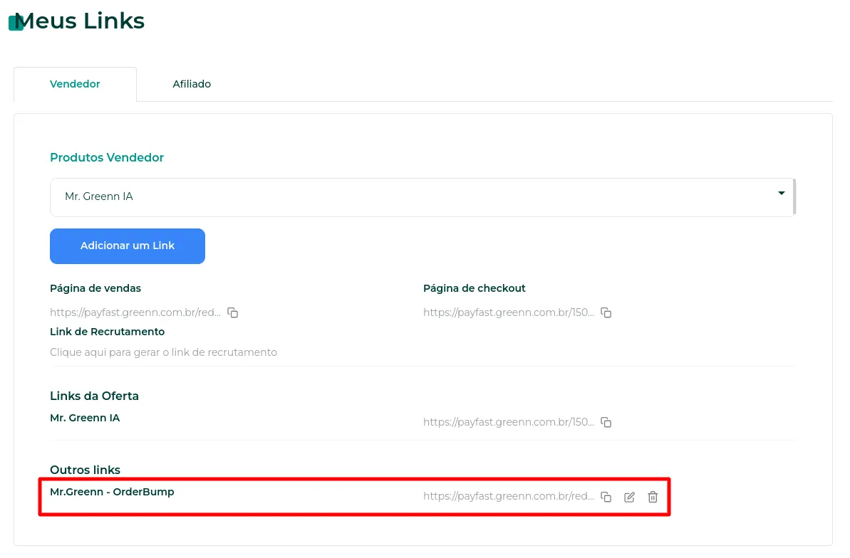 Link com order bump na lista de links