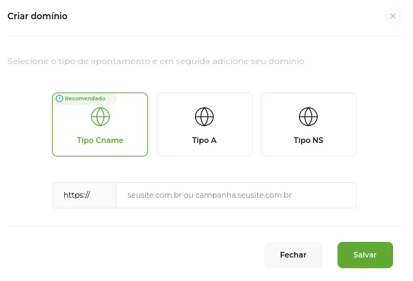 Tela do passo: Selecione o Tipo de Apontamento CNAME e em seguida adicione seu Subdomínio