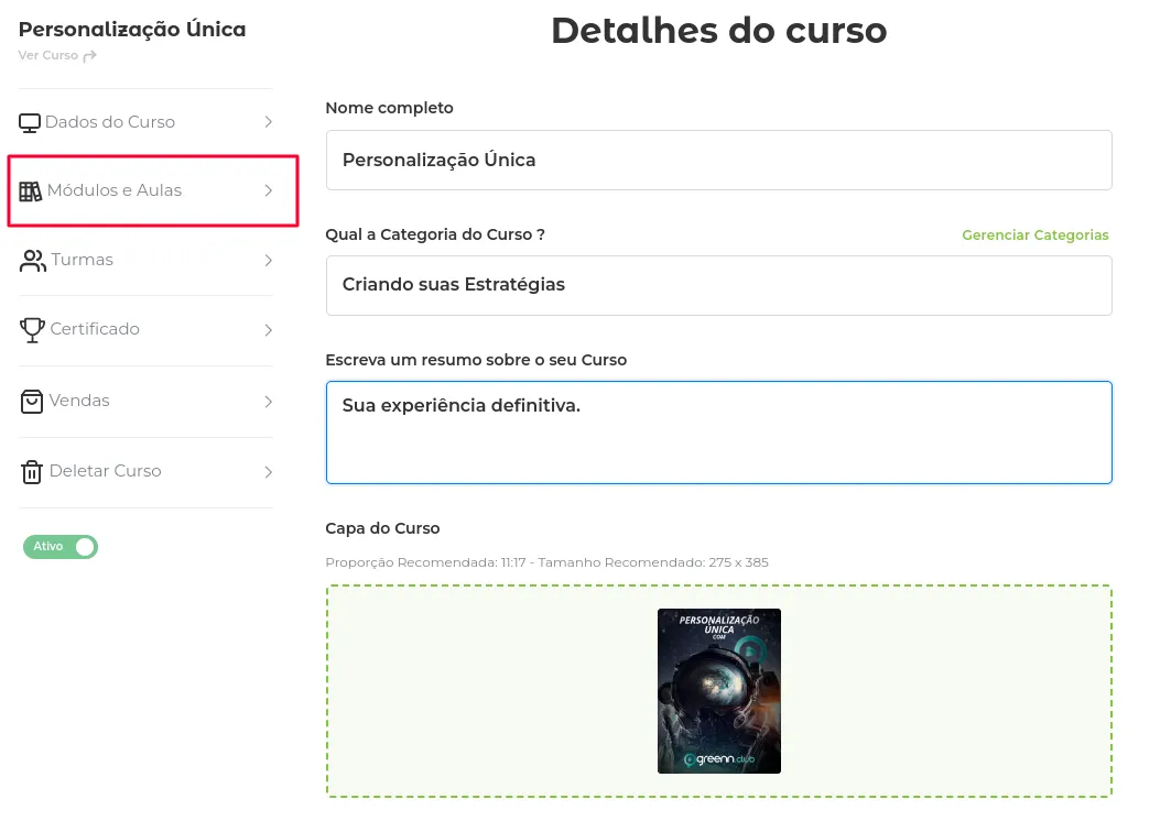 Menu do curso com Módulos e Aulas