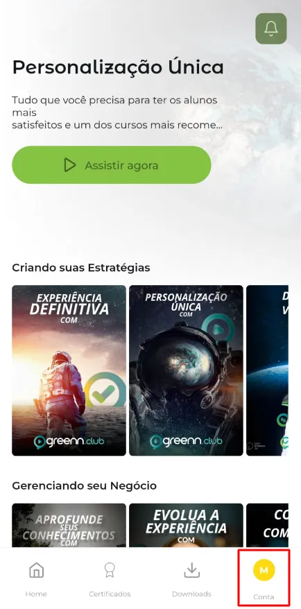 Aba Conta do aplicativo Greenn Club