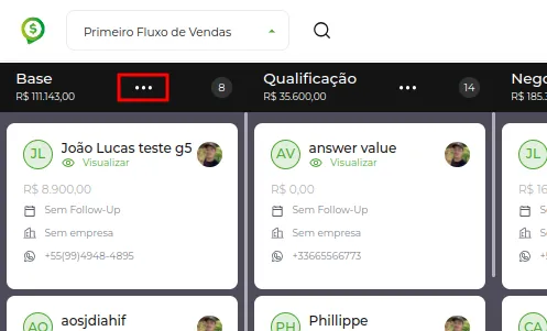 Tela da Greenn Sales: Dentro do seu CRM clique nos 3 pontinhos de alguma coluna