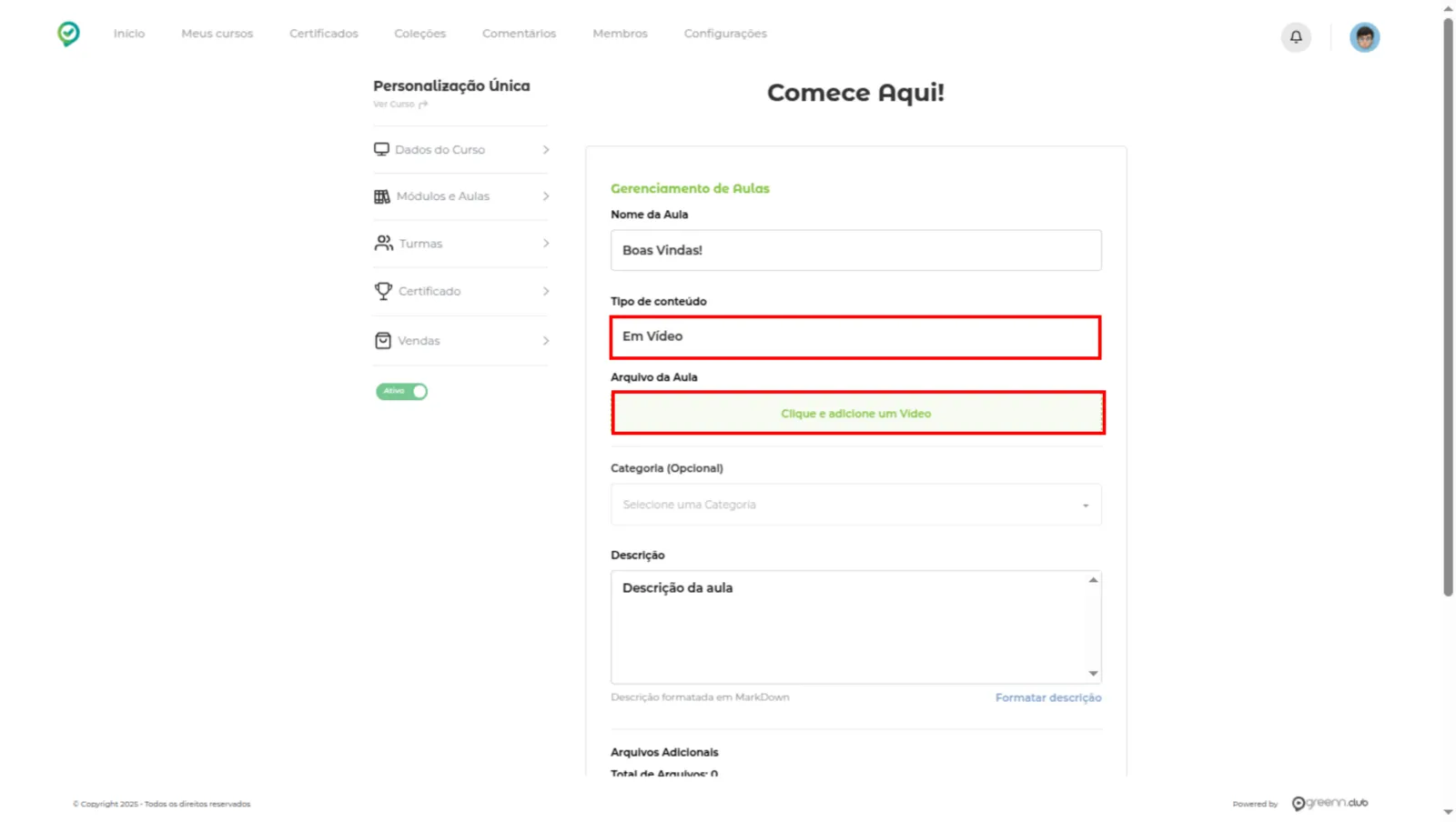 Aula com o tipo em vídeo e o botão de adicionar vídeo
