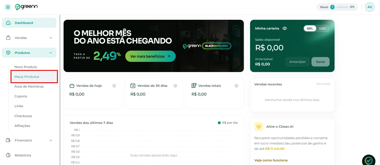 Menu Produtos com a opção Meus Produtos