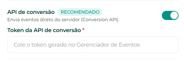 Campo para o token da API de conversão