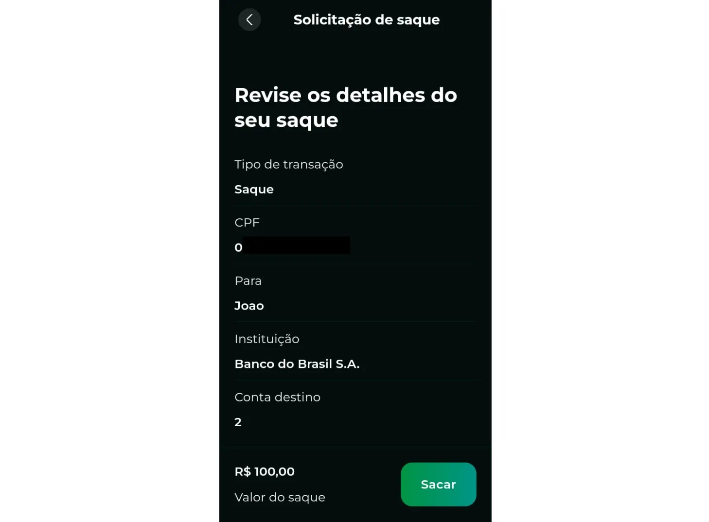 Tela de revisão com o botão Confirmar saque