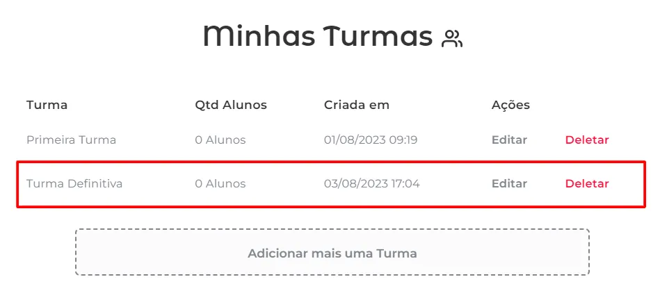 Turma criada na lista