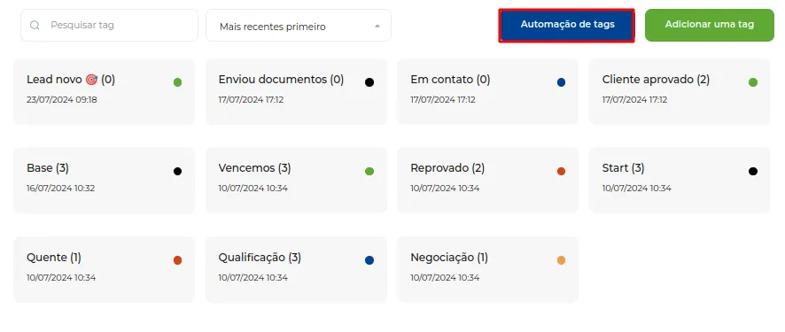 Tela da Greenn Sales: Clique em Automação de Tags